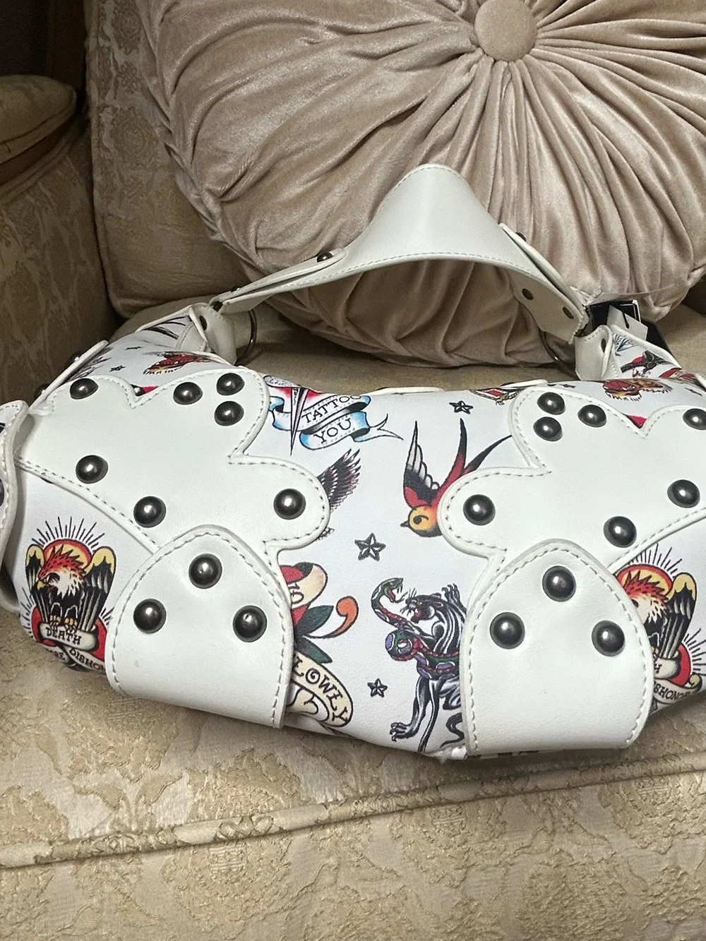 NWT Ed Hardy White Tattoo Studded Hobo Shoulder Bag Y2K Skull Tiger Purse